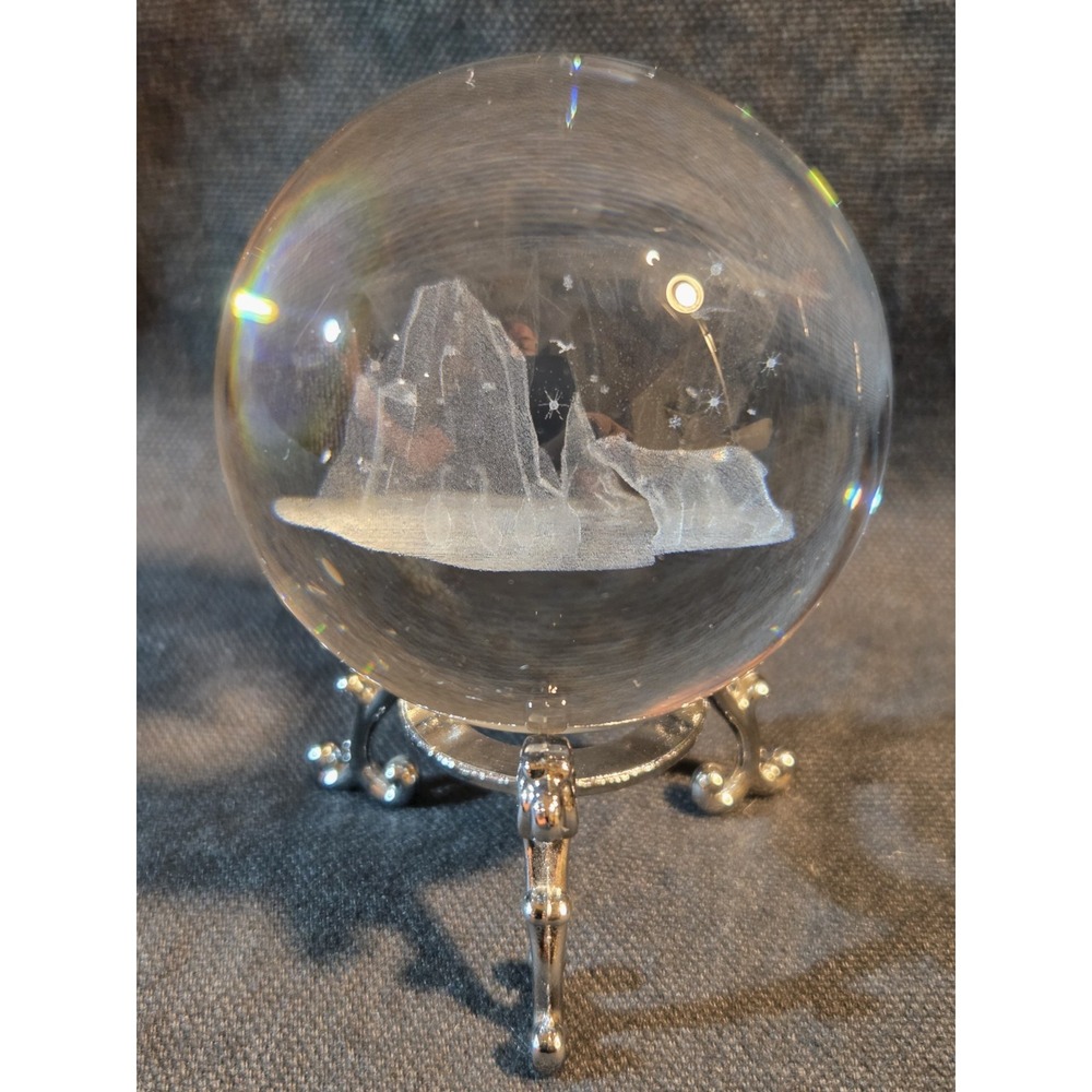 3D Etched Crystal Ball Polar Bear Penguins Gulls Glacier w/ Silver Tone Stand